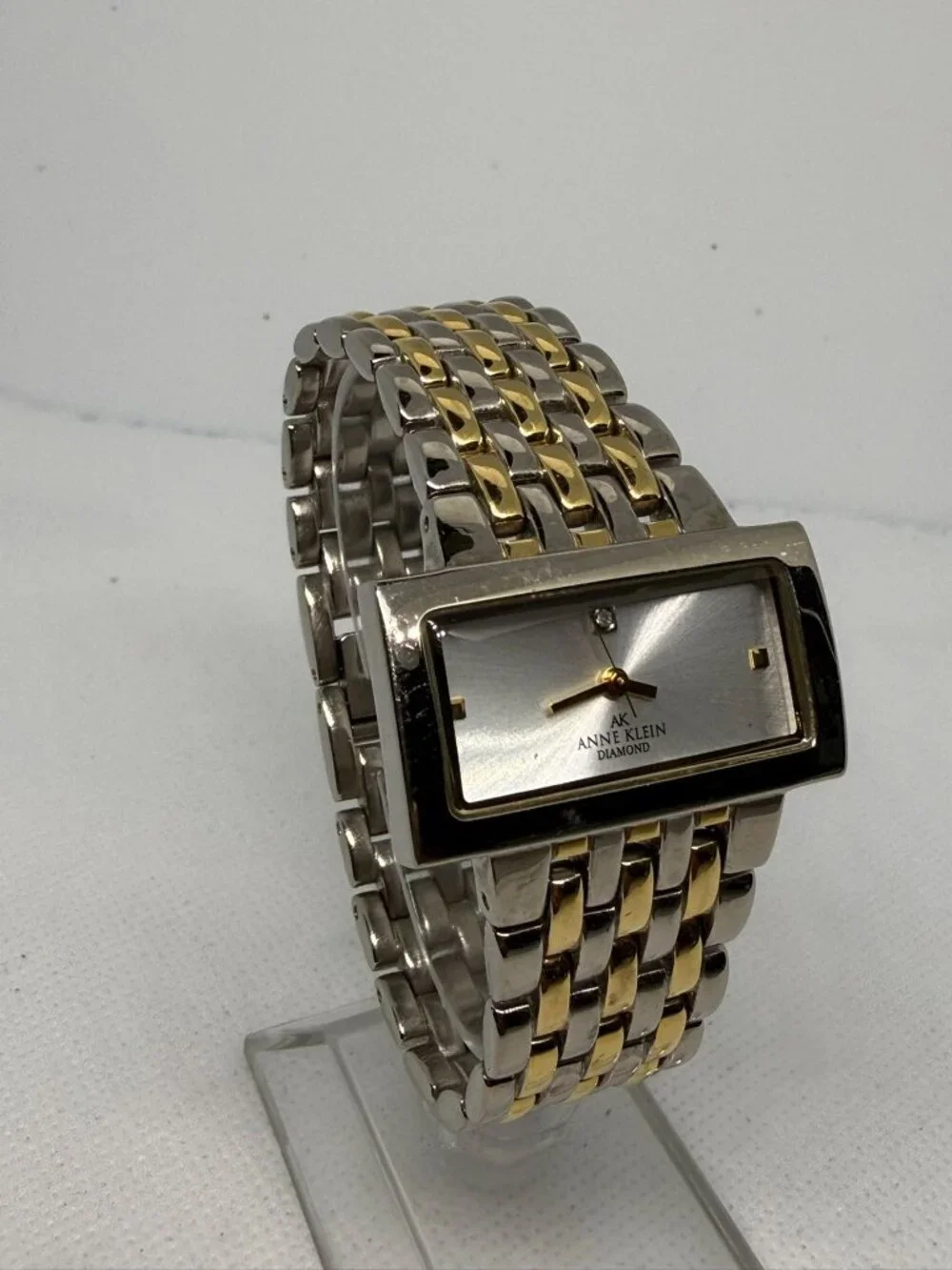 Anne Klein Diamond Ladies Two-Tone Rectangular Bracelet Watch Silver Dial 1072S3